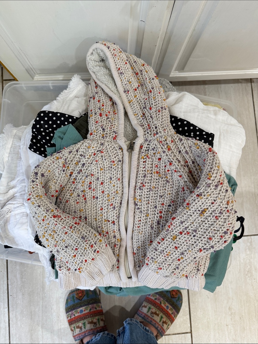 Hanna Andersson Polka Dot Beige Colorful Pom Pom Zip Up Hoodie - Picture 2 of 6